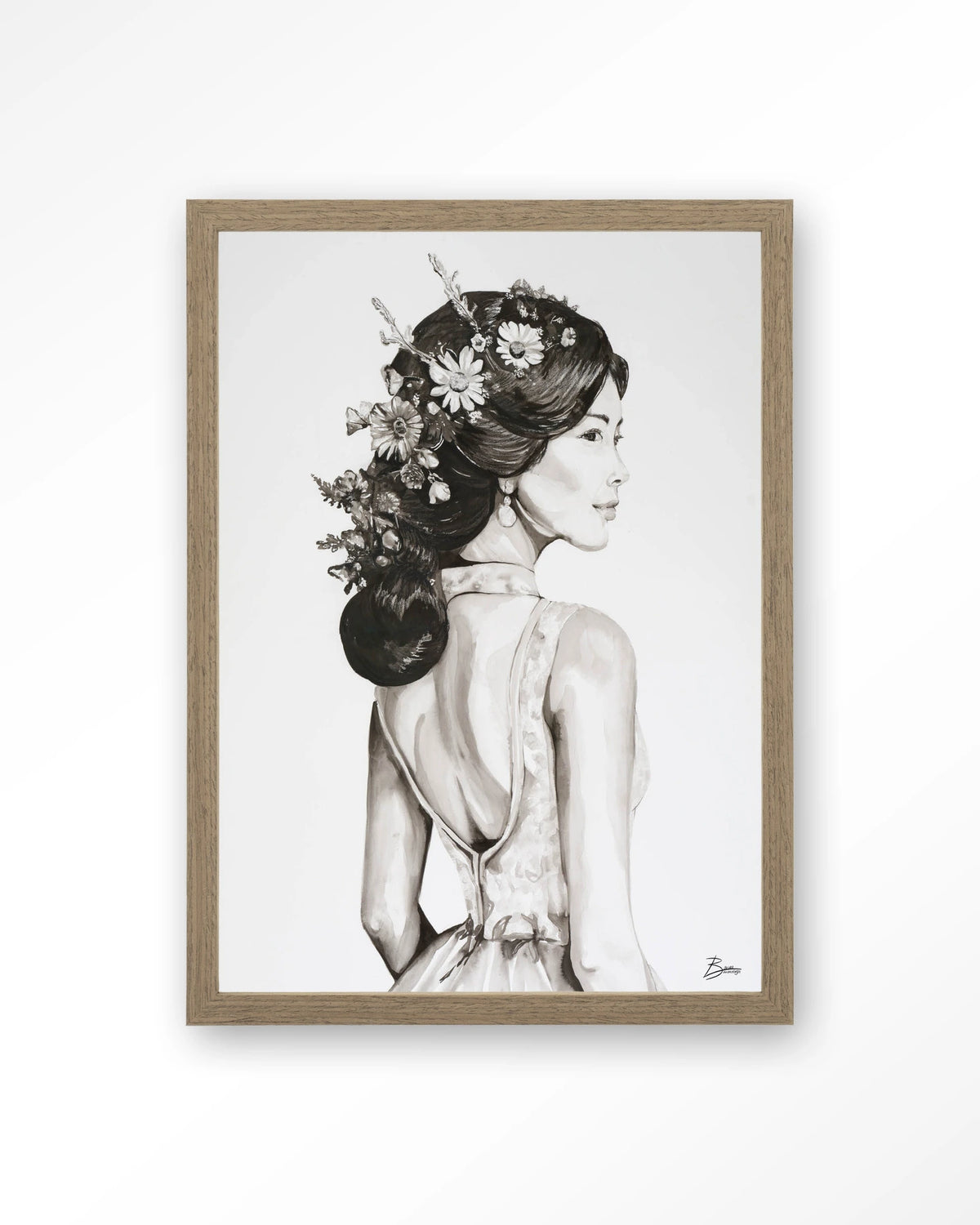 Lady With Blossom – vrouw met bloemen in haar, zwart-wit – Art print – Hout bruin
