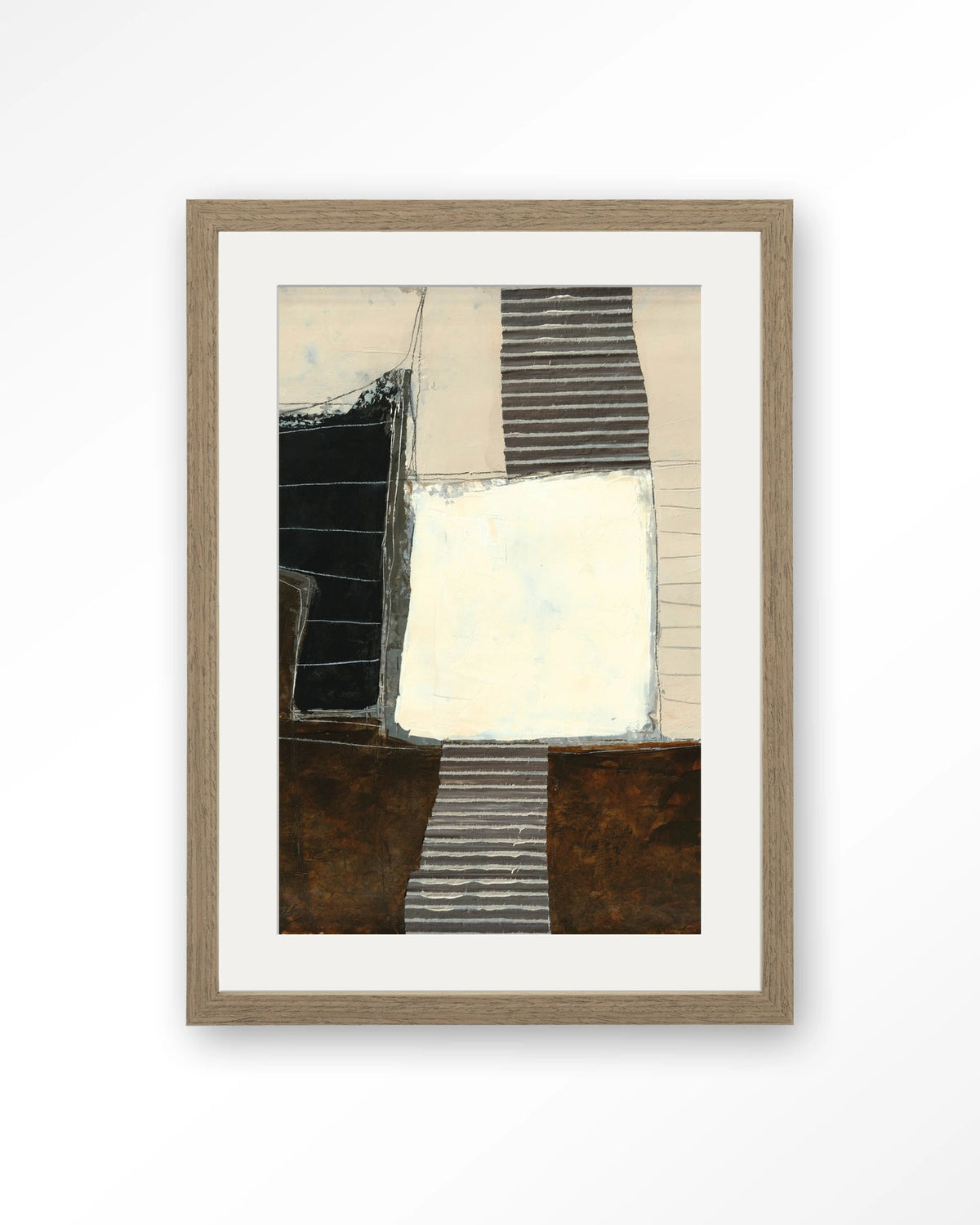 Abstract 8 – abstract in zwart, crème en bruin – Art print – Hout bruin + passe-partout
