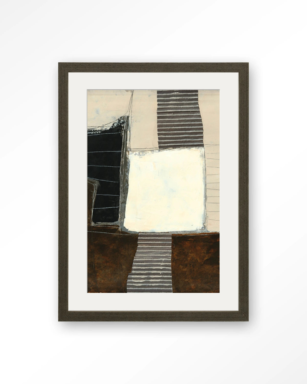 Abstract 8 – abstract in zwart, crème en bruin – Art print – Hout donkerbruin + passe-partout