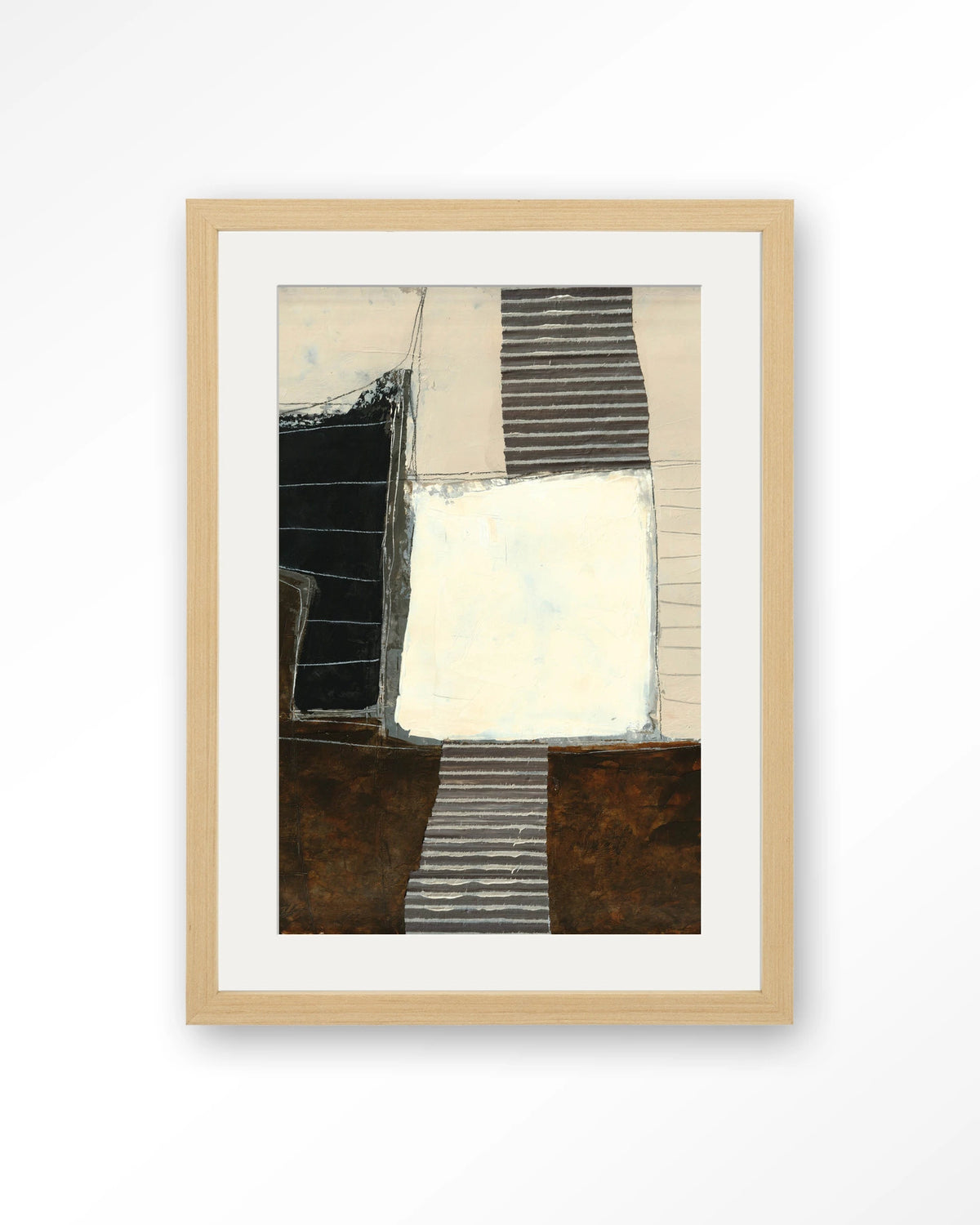 Abstract 8 – abstract in zwart, crème en bruin – Art print – Hout naturel + passe-partout