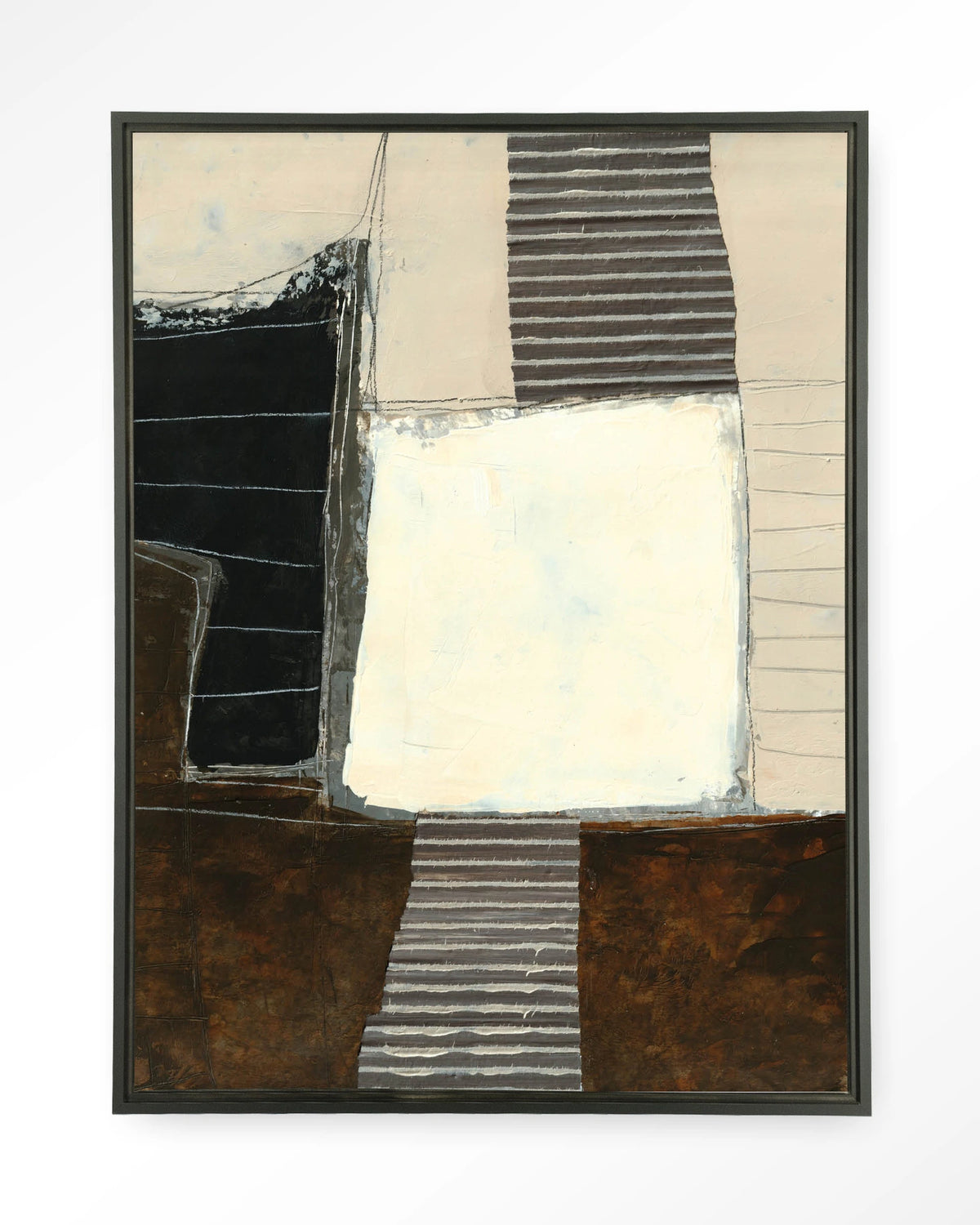 Abstract 8 – abstract in zwart, crème en bruin – Wandkleed – Floating frame – zwart