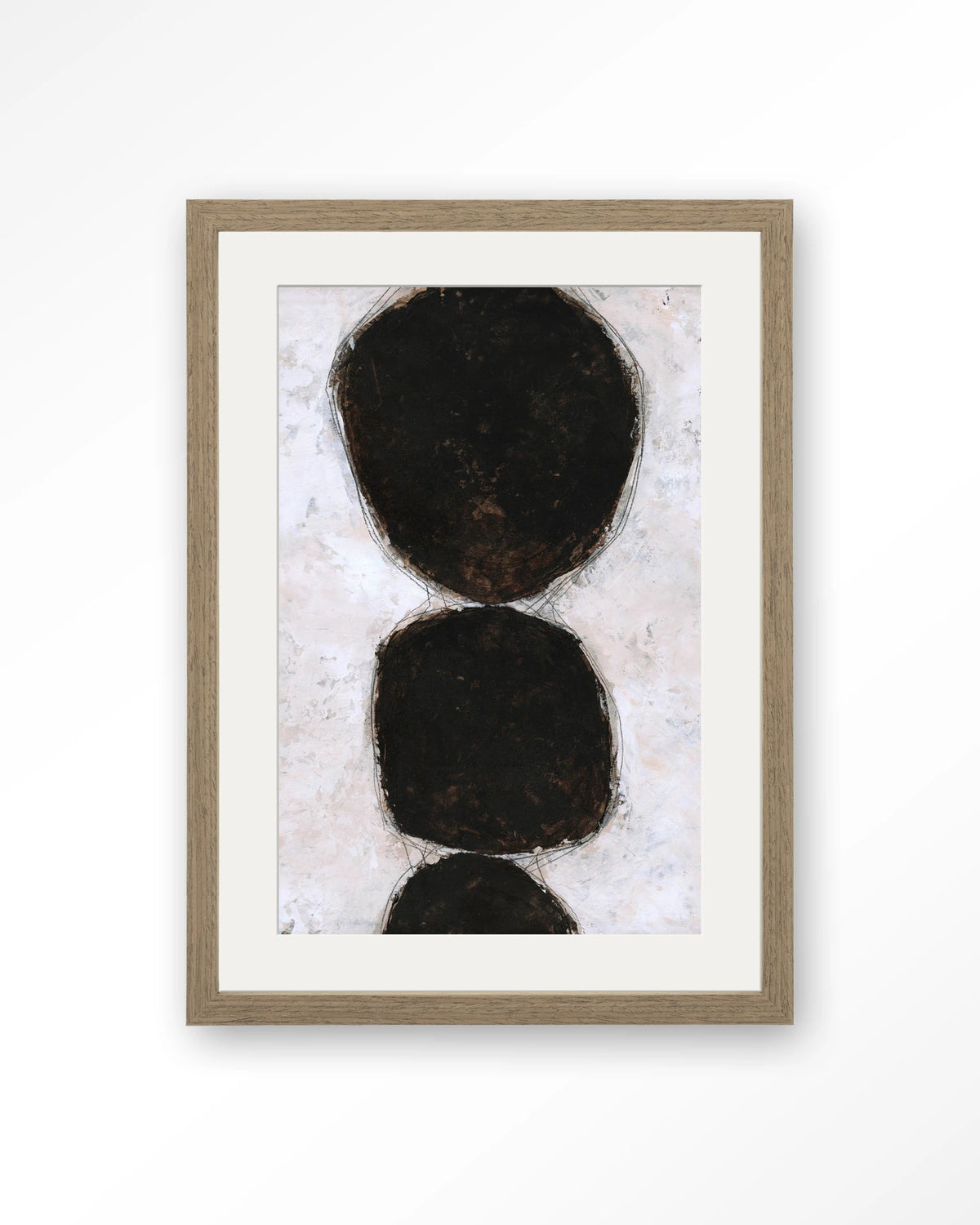 Abstract 13 – abstract zwarte cirkels op wit – Art print – Hout bruin + passe-partout