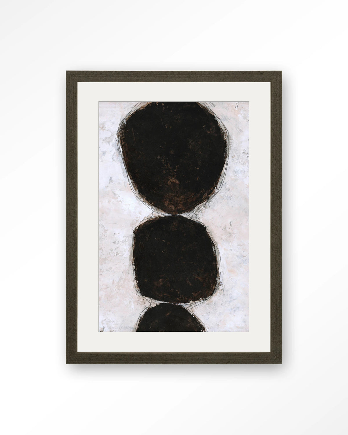 Abstract 13 – abstract zwarte cirkels op wit – Art print – Hout donkerbruin + passe-partout
