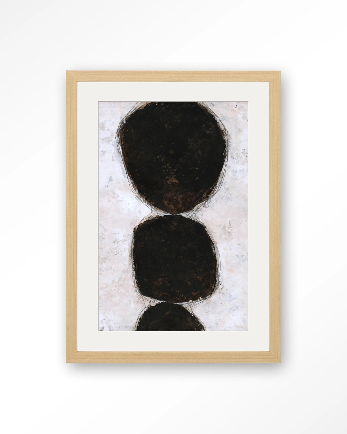 Abstract 13 – abstract zwarte cirkels op wit – Art print – Hout naturel + passe-partout