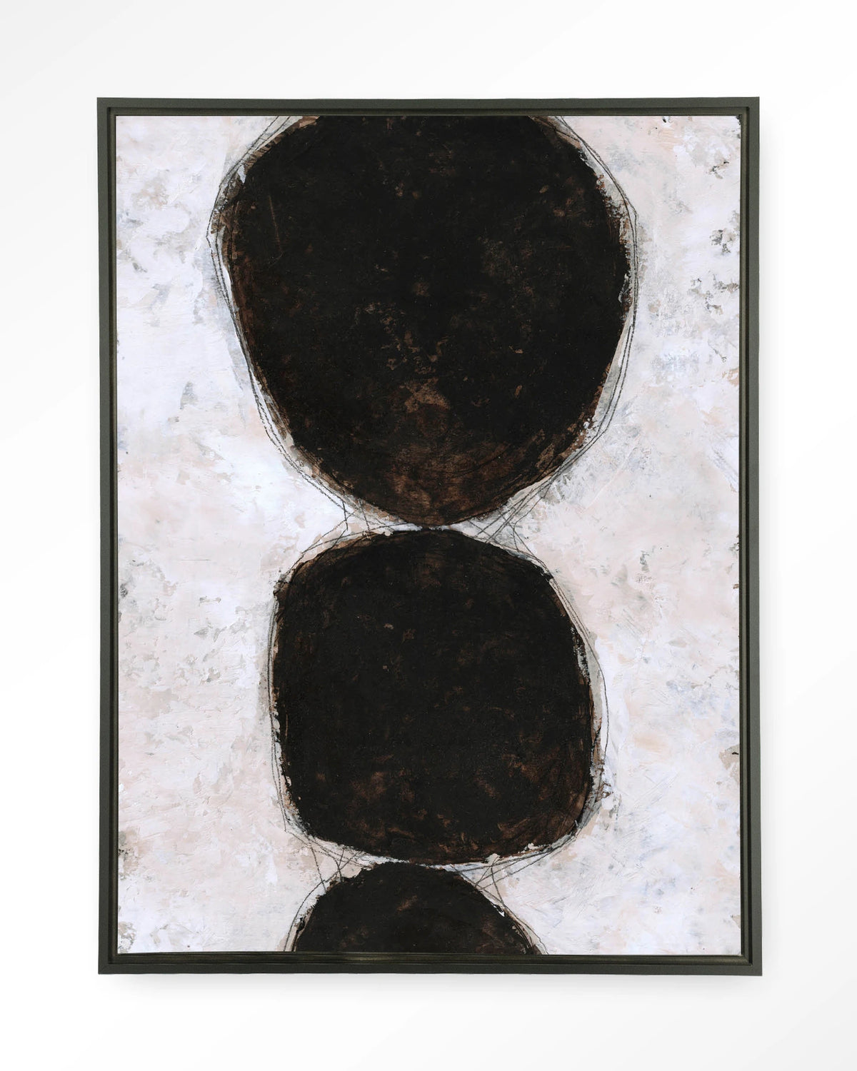 Abstract 13 – abstract zwarte cirkels op wit – Wandkleed – Floating frame – zwart