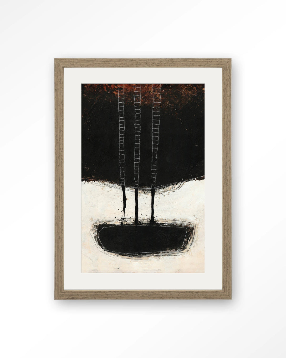 Abstract 15 – abstract zwart met ladders – Art print – Hout bruin + passe-partout