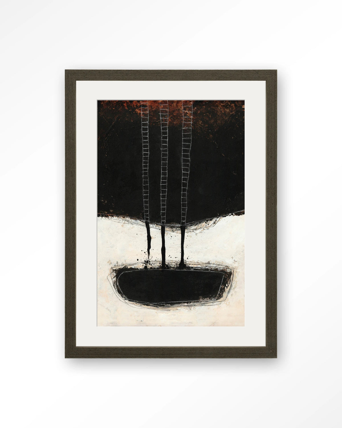 Abstract 15 – abstract zwart met ladders – Art print – Hout donkerbruin + passe-partout
