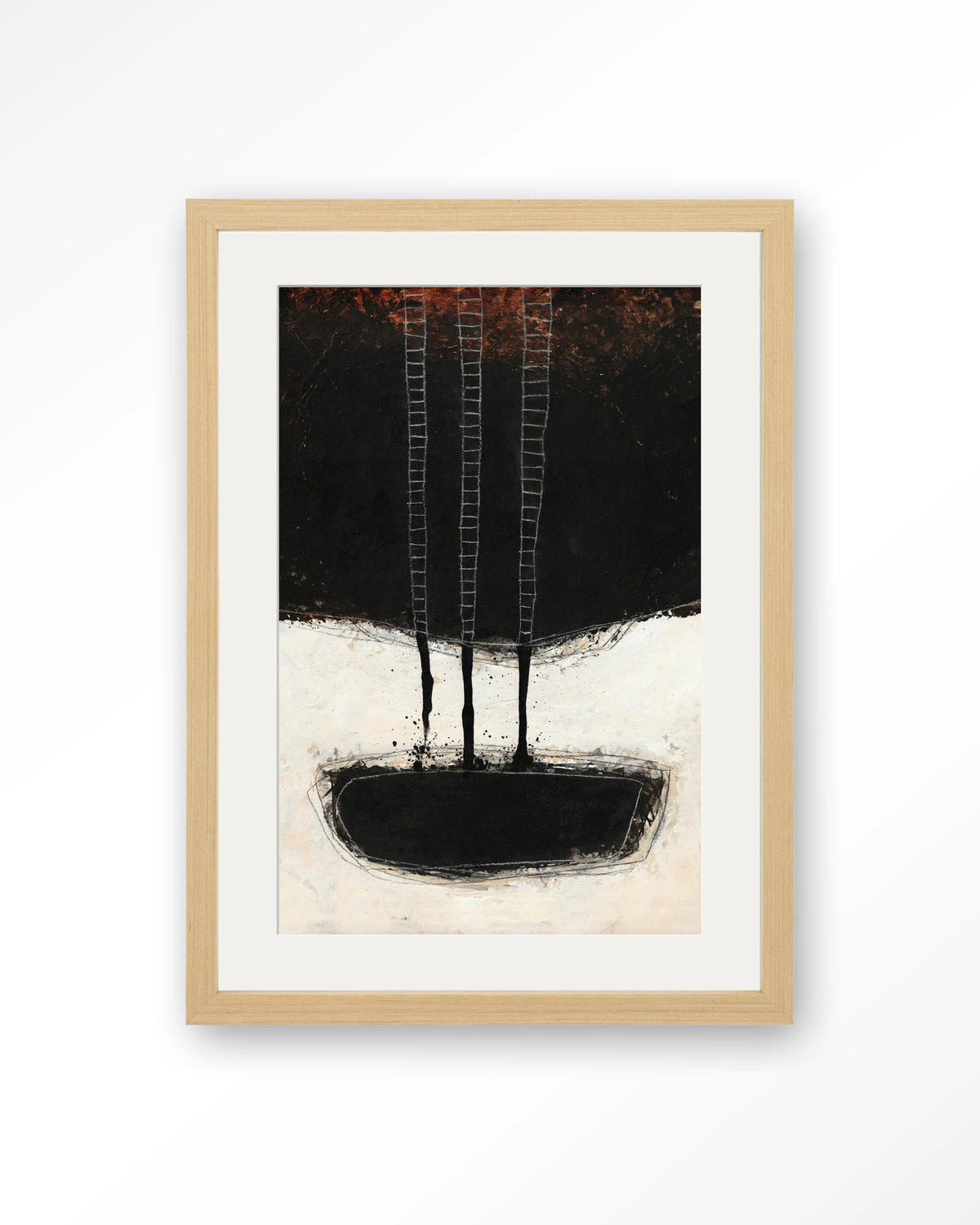 Abstract 15 – abstract zwart met ladders – Art print – Hout naturel + passe-partout