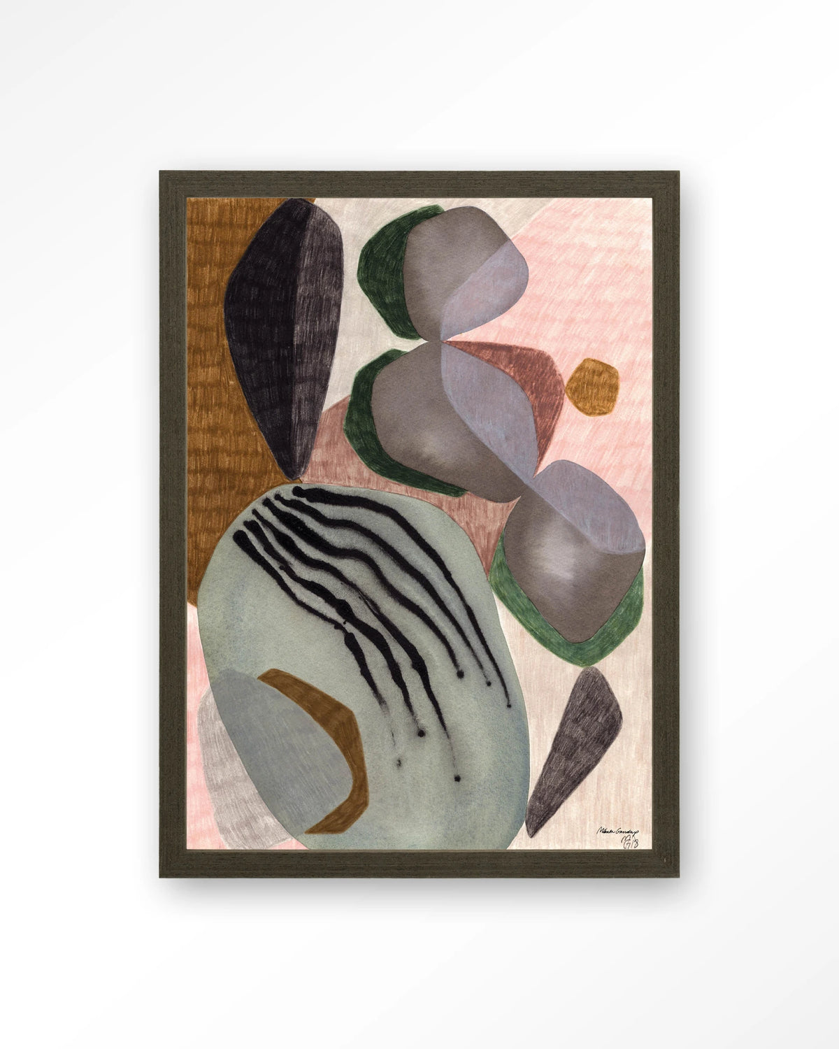 Latmos – abstract in grijs en roze – Art print – Hout donkerbruin