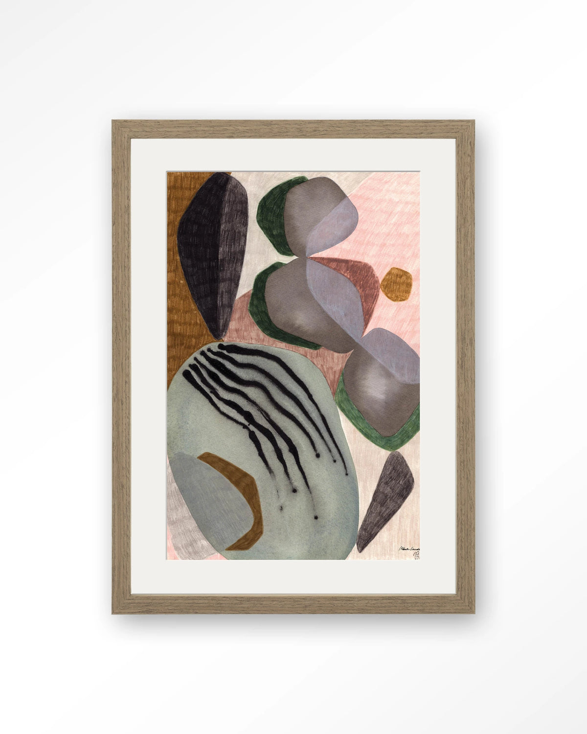 Latmos – abstract in grijs en roze – Art print – Hout bruin + passe-partout