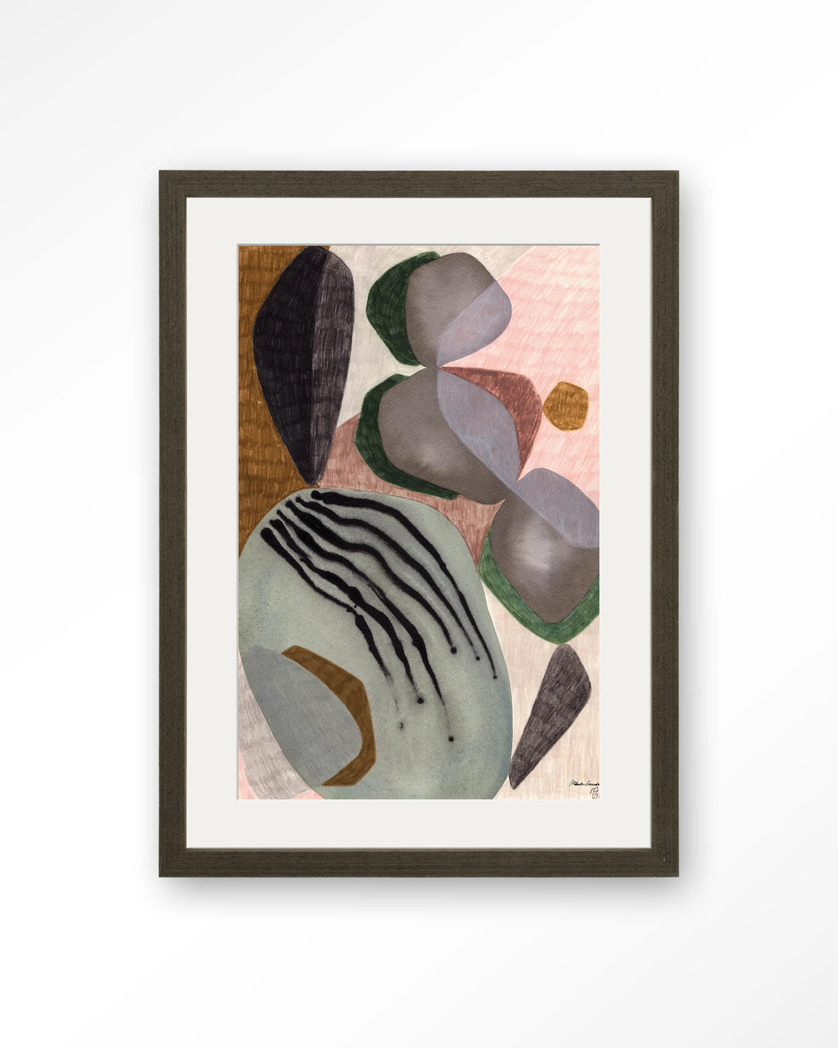 Latmos – abstract in grijs en roze – Art print – Hout donkerbruin + passe-partout