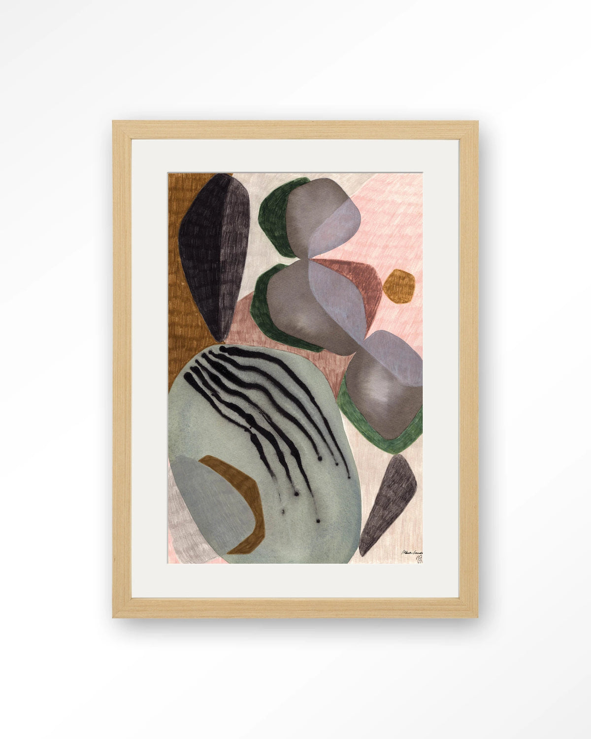 Latmos – abstract in grijs en roze – Art print – Hout naturel + passe-partout