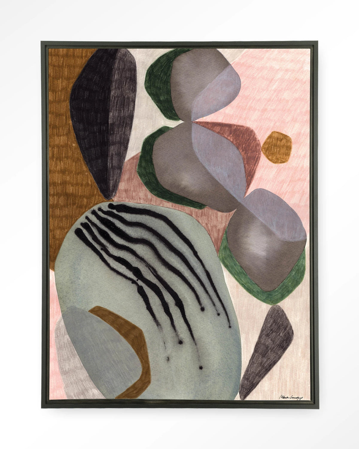 Latmos – abstract in grijs en roze – Wandkleed – Floating frame – zwart