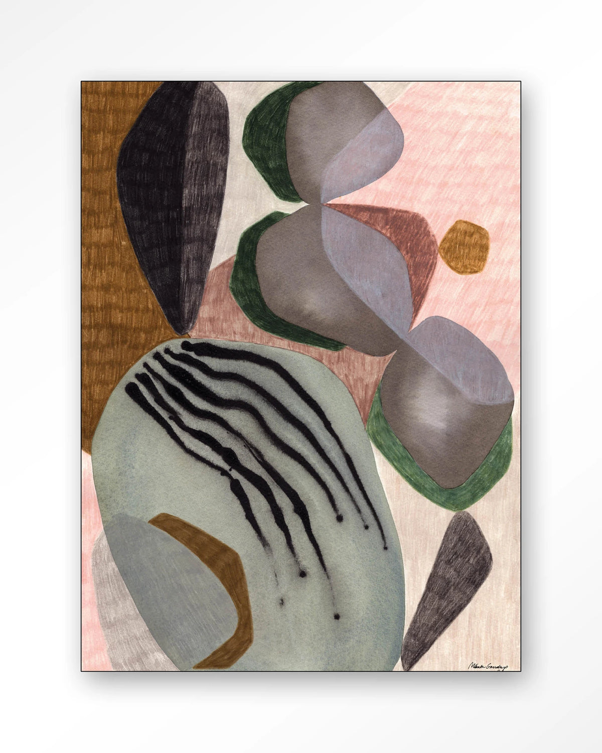 Latmos – abstract in grijs en roze – Wandkleed – Frame – zwart