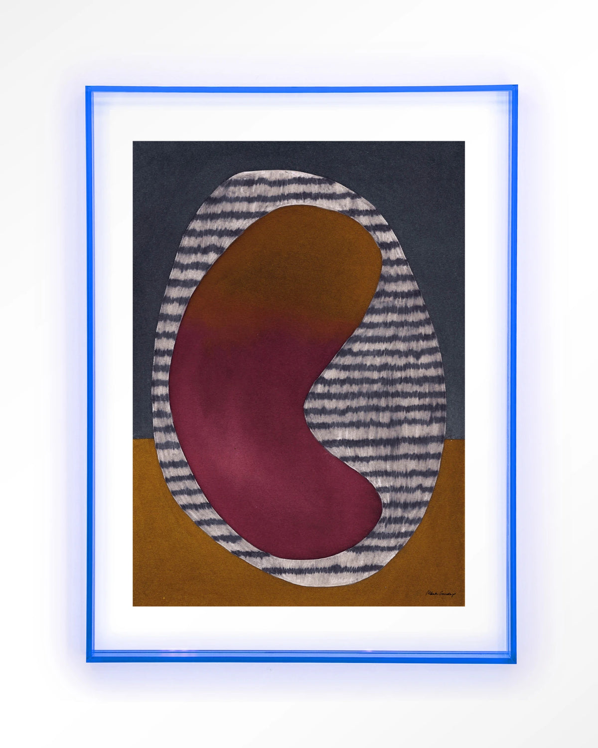 Horizontal Oval – abstract ovaal in bordeaux en oker – Art print – Acryl lichtblauw