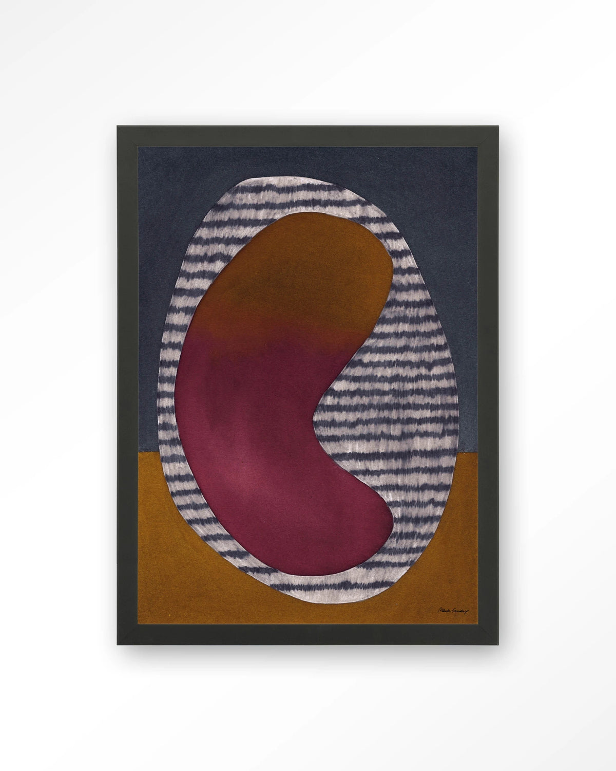 Horizontal Oval – abstract ovaal in bordeaux en oker – Art print – Hout zwart