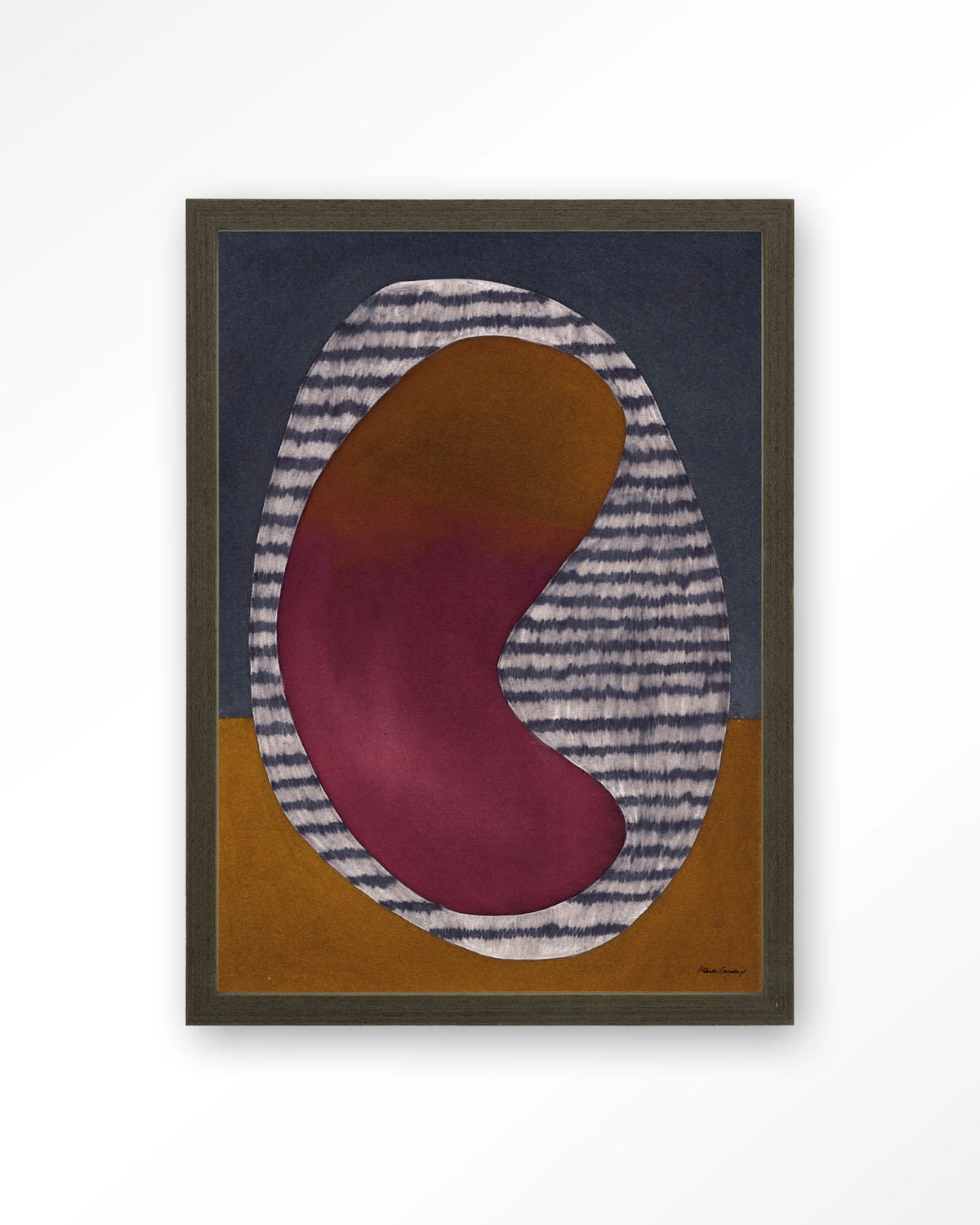 Horizontal Oval – abstract ovaal in bordeaux en oker – Art print – Hout donkerbruin