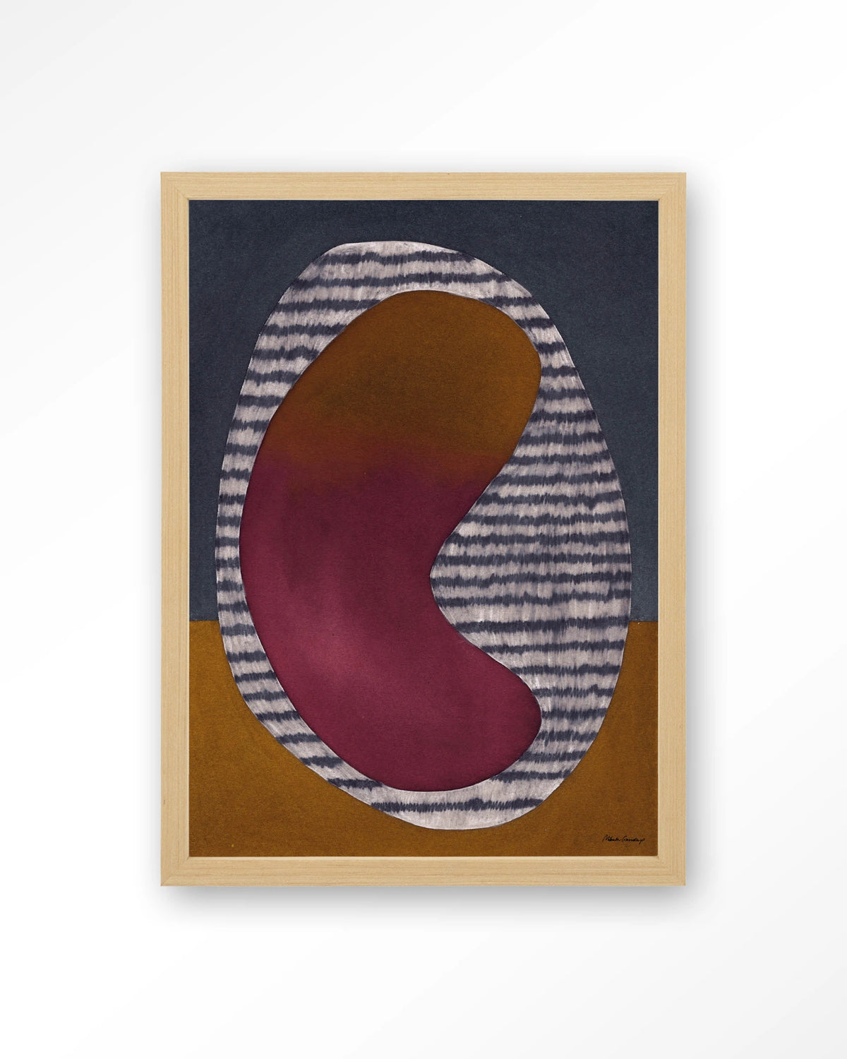 Horizontal Oval – abstract ovaal in bordeaux en oker – Art print – Hout naturel