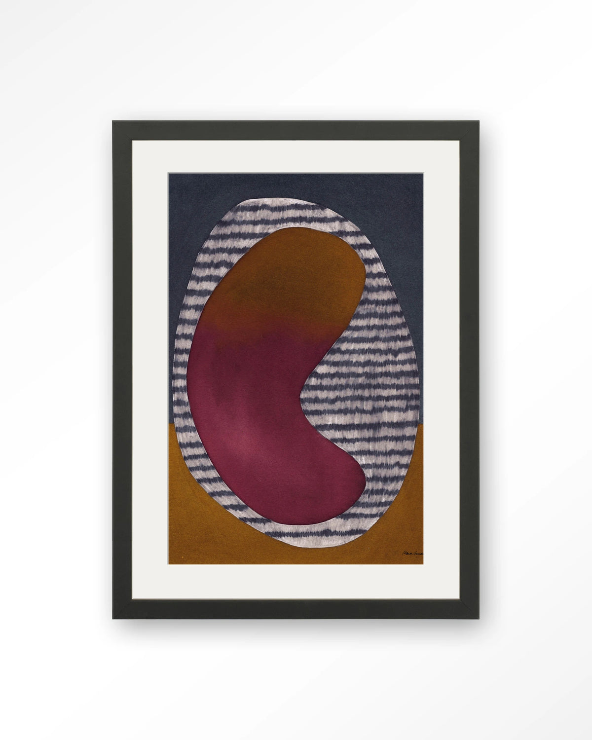 Horizontal Oval – abstract ovaal in bordeaux en oker – Art print – Hout zwart + passe-partout