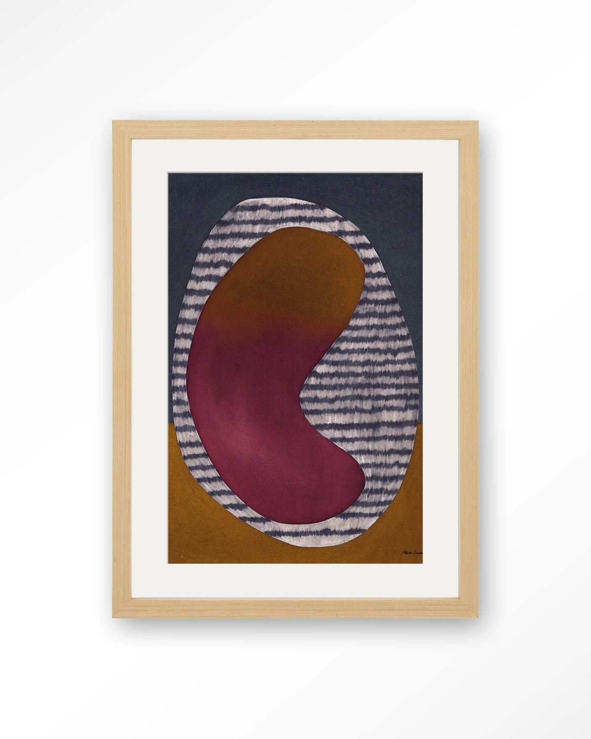Horizontal Oval – abstract ovaal in bordeaux en oker – Art print – Hout naturel + passe-partout