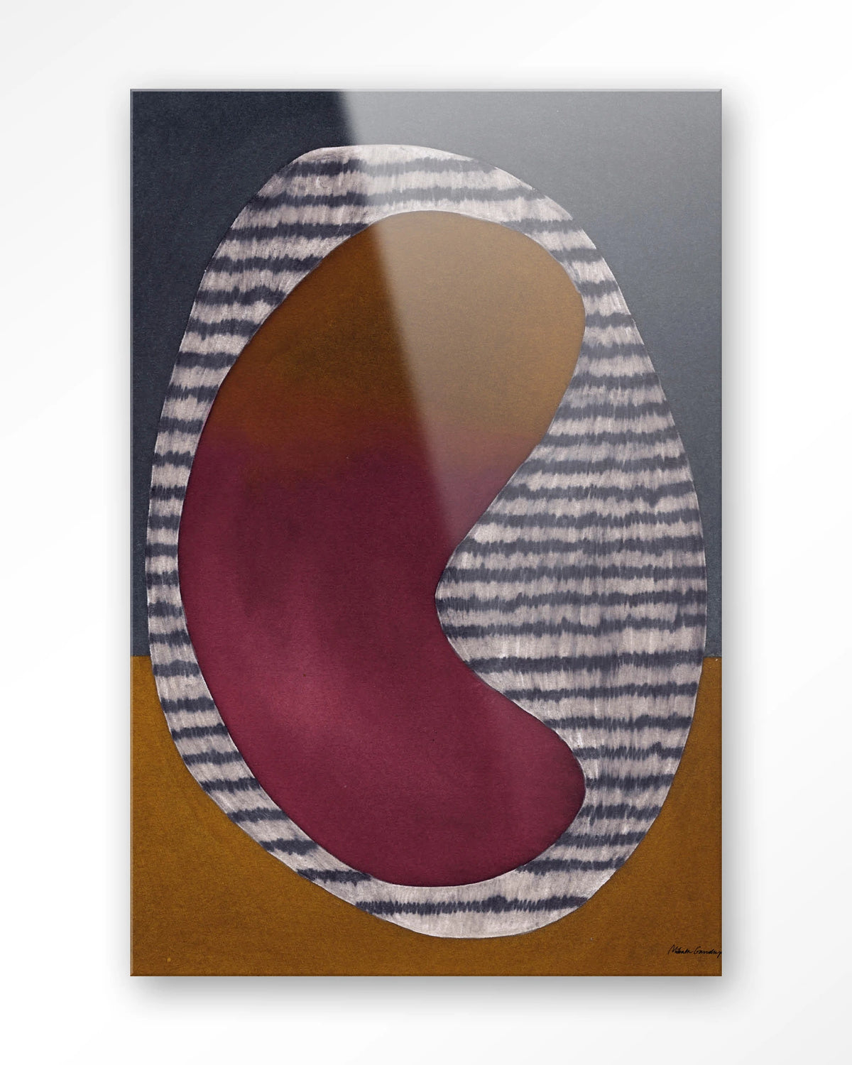 Horizontal Oval – abstract ovaal in bordeaux en oker – Glas – Blinde montage