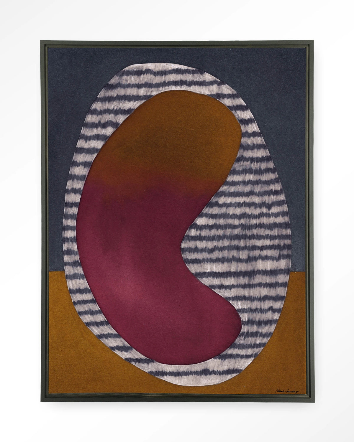 Horizontal Oval – abstract ovaal in bordeaux en oker – Wandkleed – Floating frame – zwart