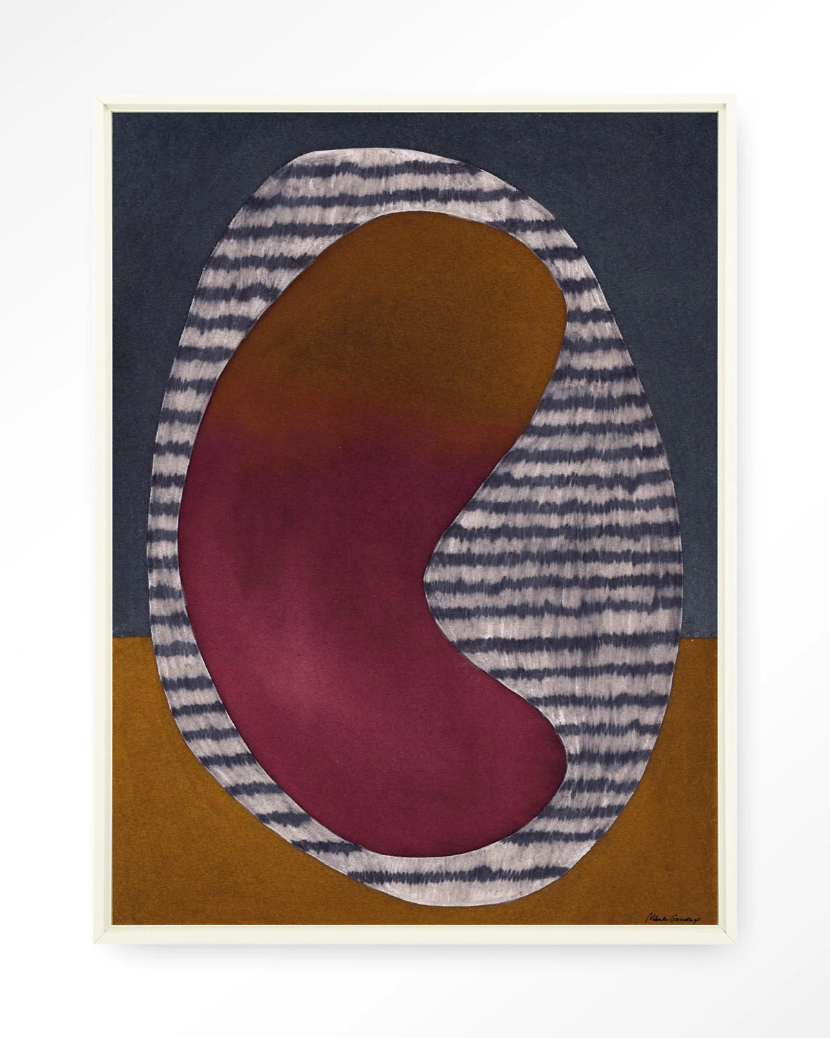 Horizontal Oval – abstract ovaal in bordeaux en oker – Wandkleed – Floating frame – wit