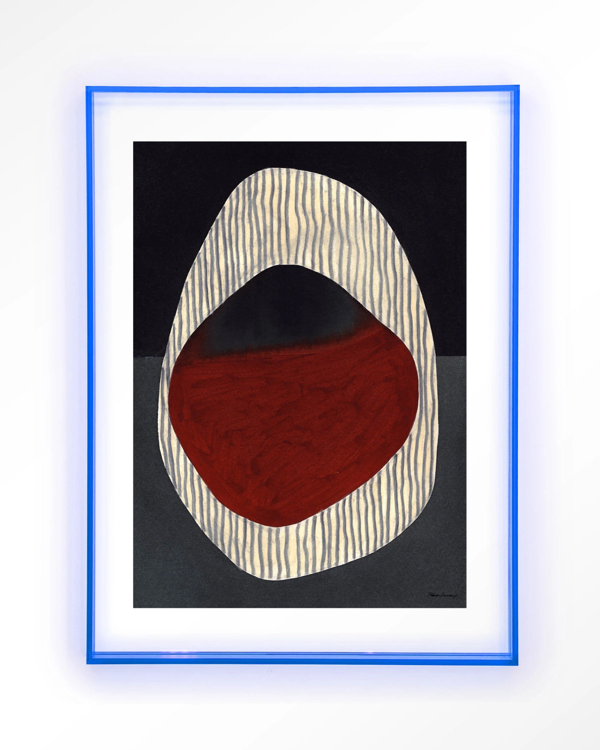 Vertical Oval – abstract ovaal in rood en zwart – Art print – Acryl lichtblauw