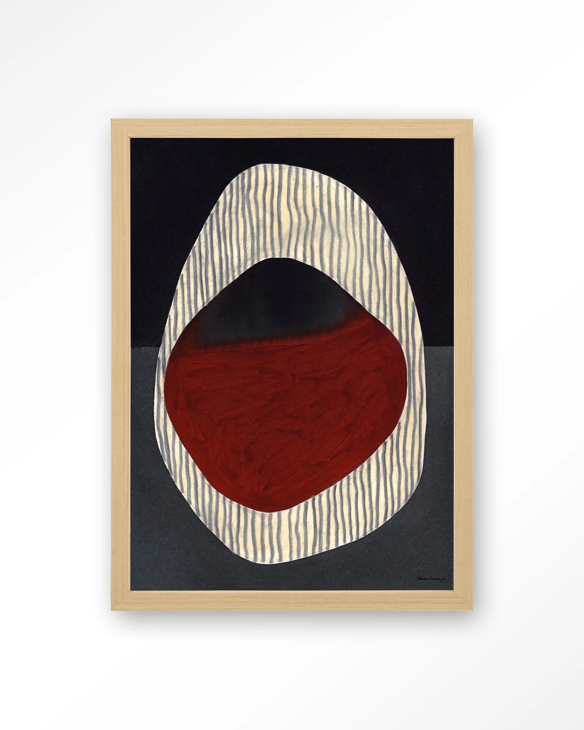 Vertical Oval – abstract ovaal in rood en zwart – Art print – Hout naturel