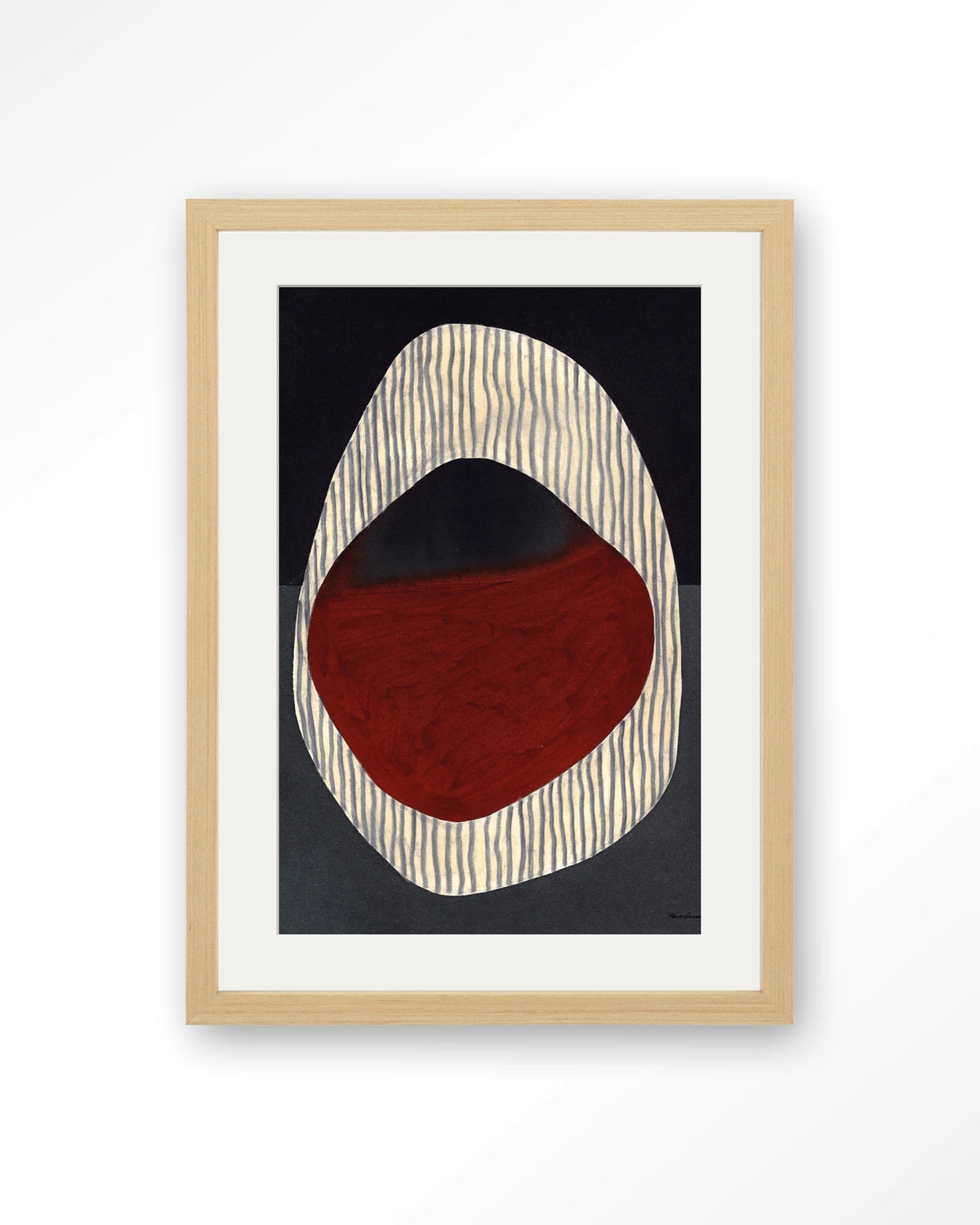 Vertical Oval – abstract ovaal in rood en zwart – Art print – Hout naturel + passe-partout