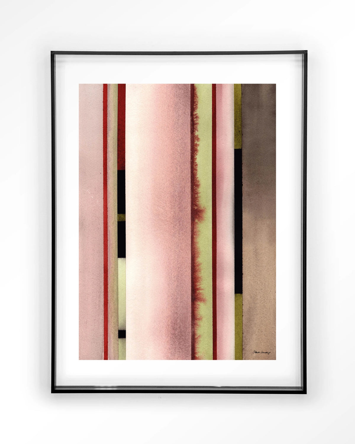 Vertical Rose – verticale strepen in roze aquarel – Art print – Acryl zwart