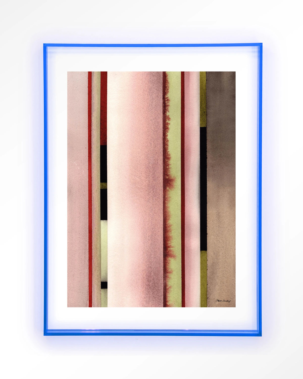 Vertical Rose – verticale strepen in roze aquarel – Art print – Acryl lichtblauw