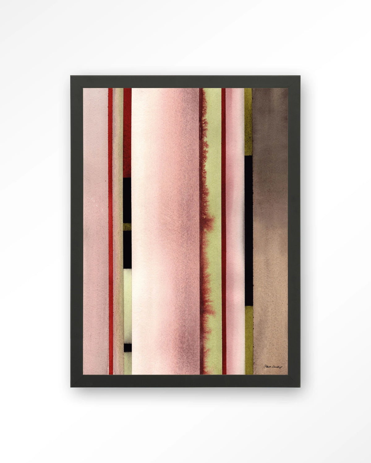 Vertical Rose – verticale strepen in roze aquarel – Art print – Hout zwart