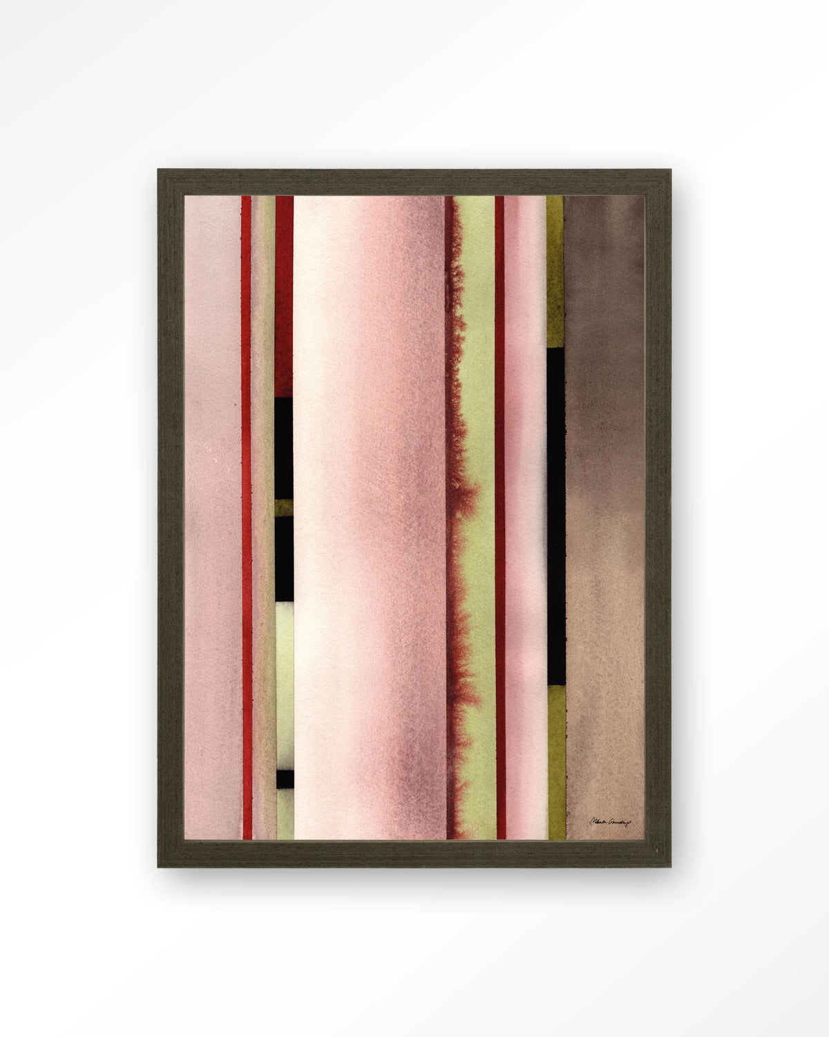 Vertical Rose – verticale strepen in roze aquarel – Art print – Hout donkerbruin