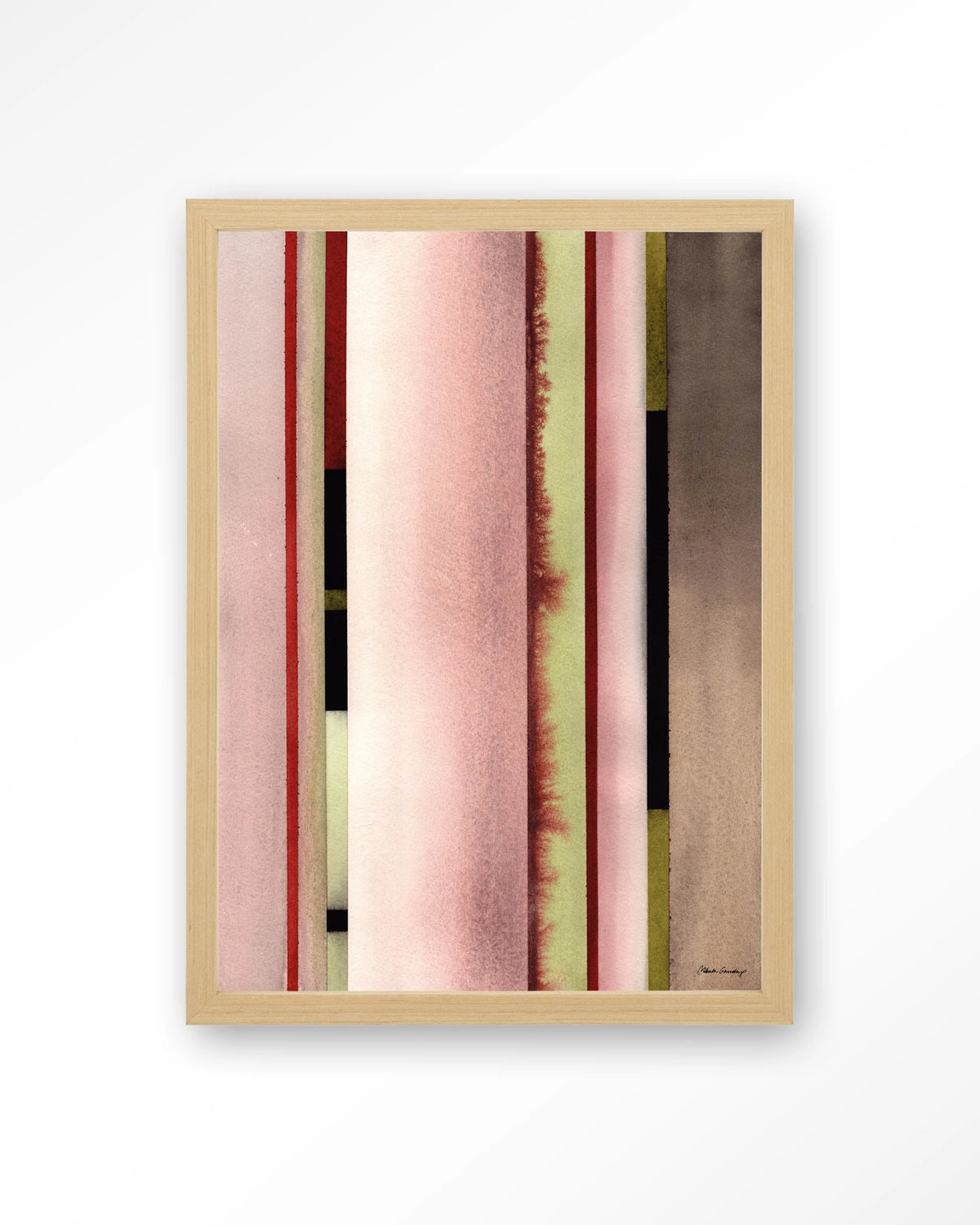 Vertical Rose – verticale strepen in roze aquarel – Art print – Hout naturel