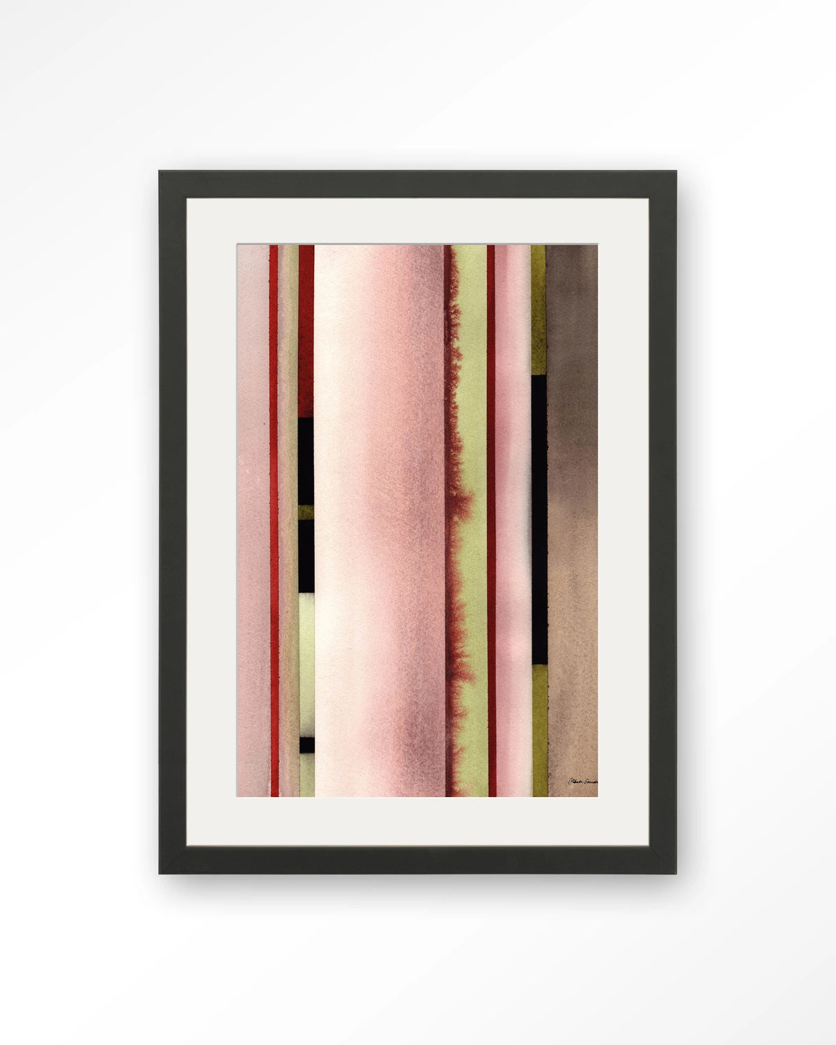 Vertical Rose – verticale strepen in roze aquarel – Art print – Hout zwart + passe-partout