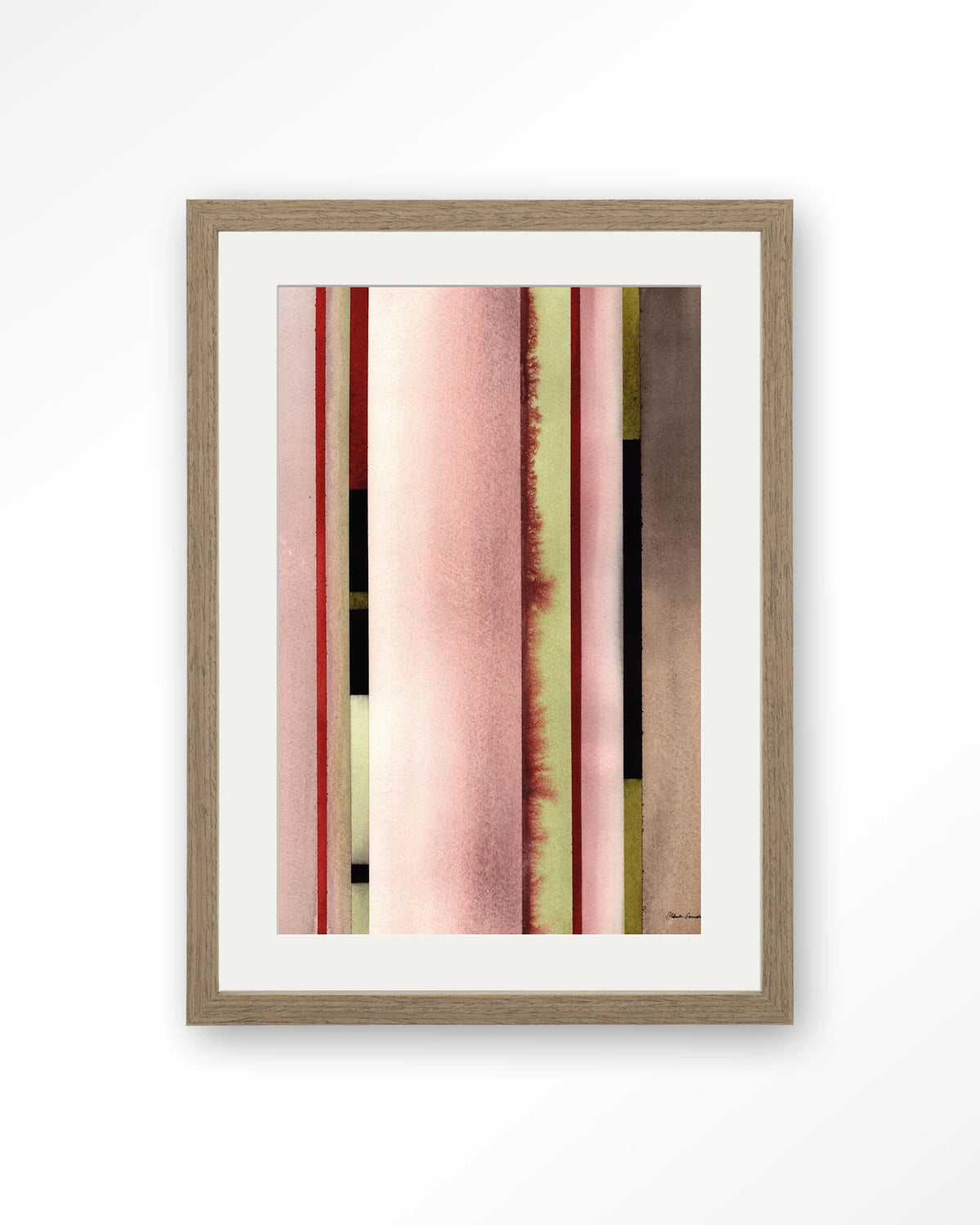 Vertical Rose – verticale strepen in roze aquarel – Art print – Hout bruin + passe-partout