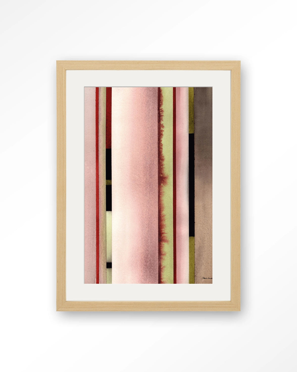 Vertical Rose – verticale strepen in roze aquarel – Art print – Hout naturel + passe-partout