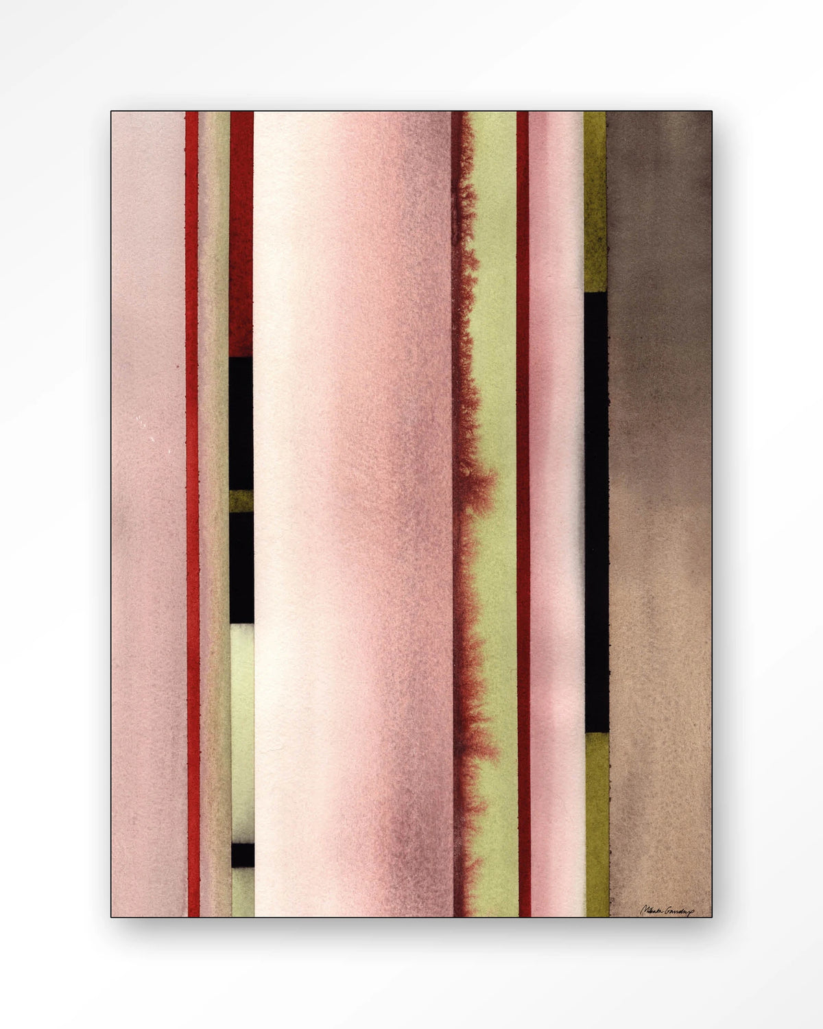 Vertical Rose – verticale strepen in roze aquarel – Wandkleed – Frame – zwart