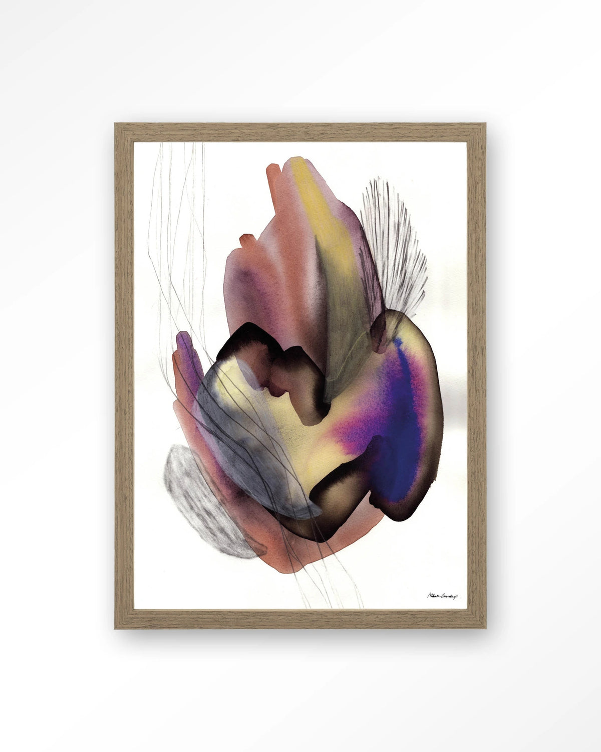Oyster – abstract aquarel in paars – Art print – Hout bruin