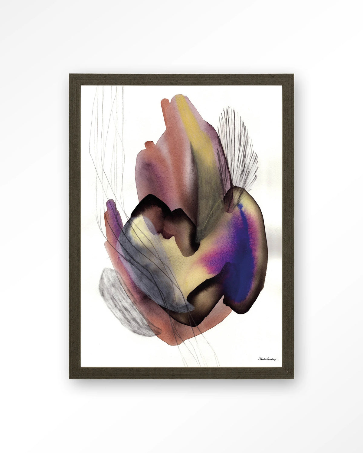 Oyster – abstract aquarel in paars – Art print – Hout donkerbruin