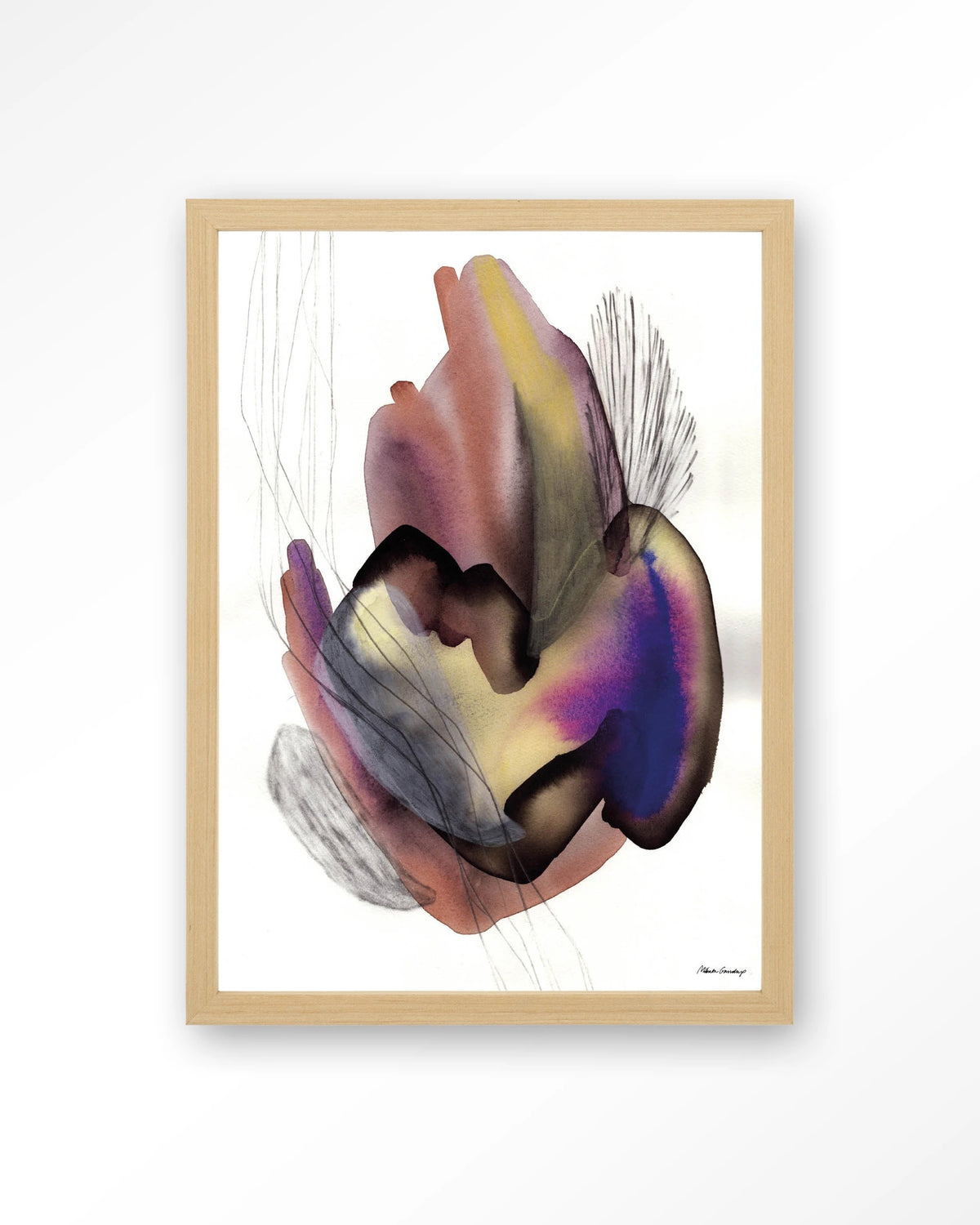 Oyster – abstract aquarel in paars – Art print – Hout naturel