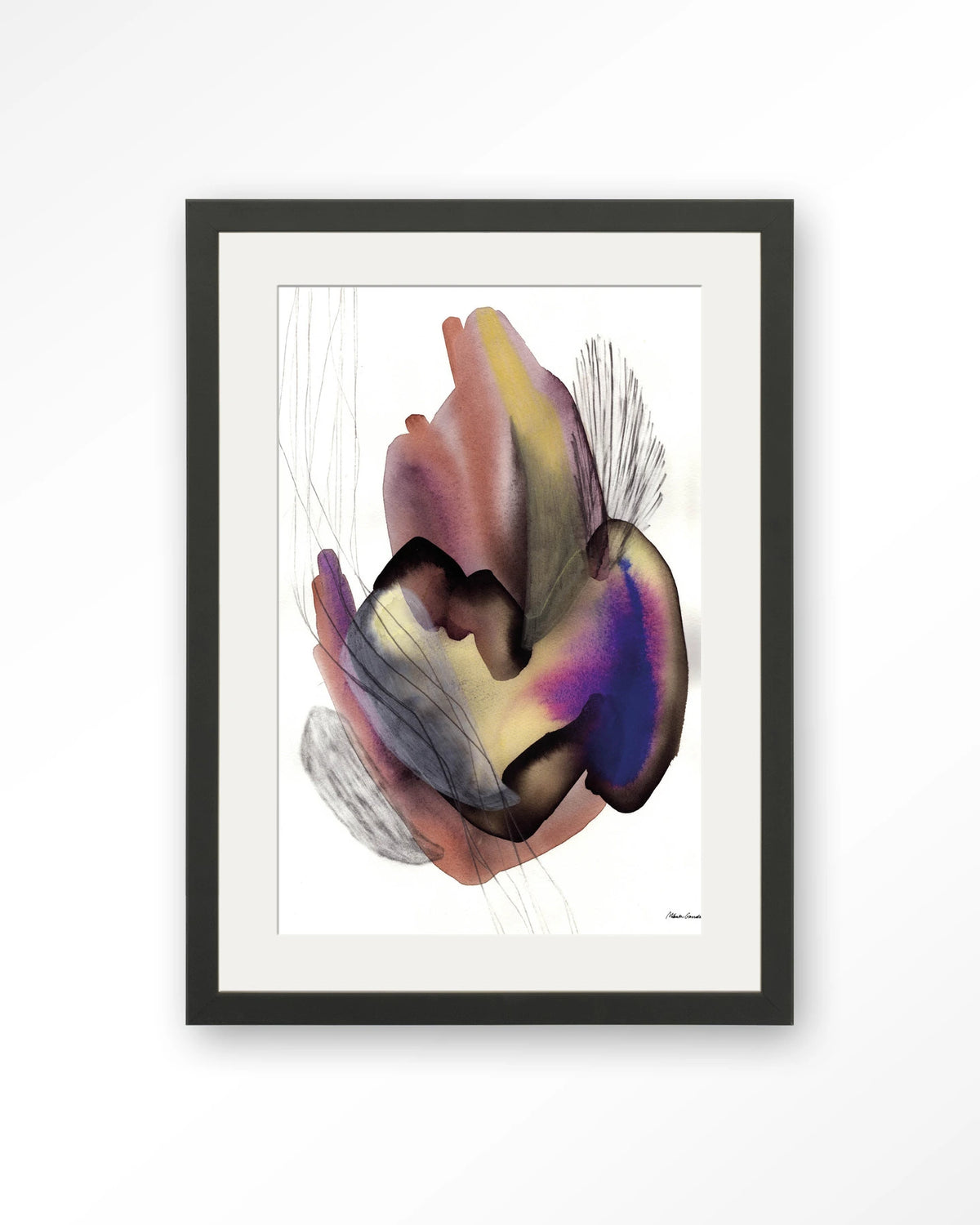 Oyster – abstract aquarel in paars – Art print – Hout zwart + passe-partout
