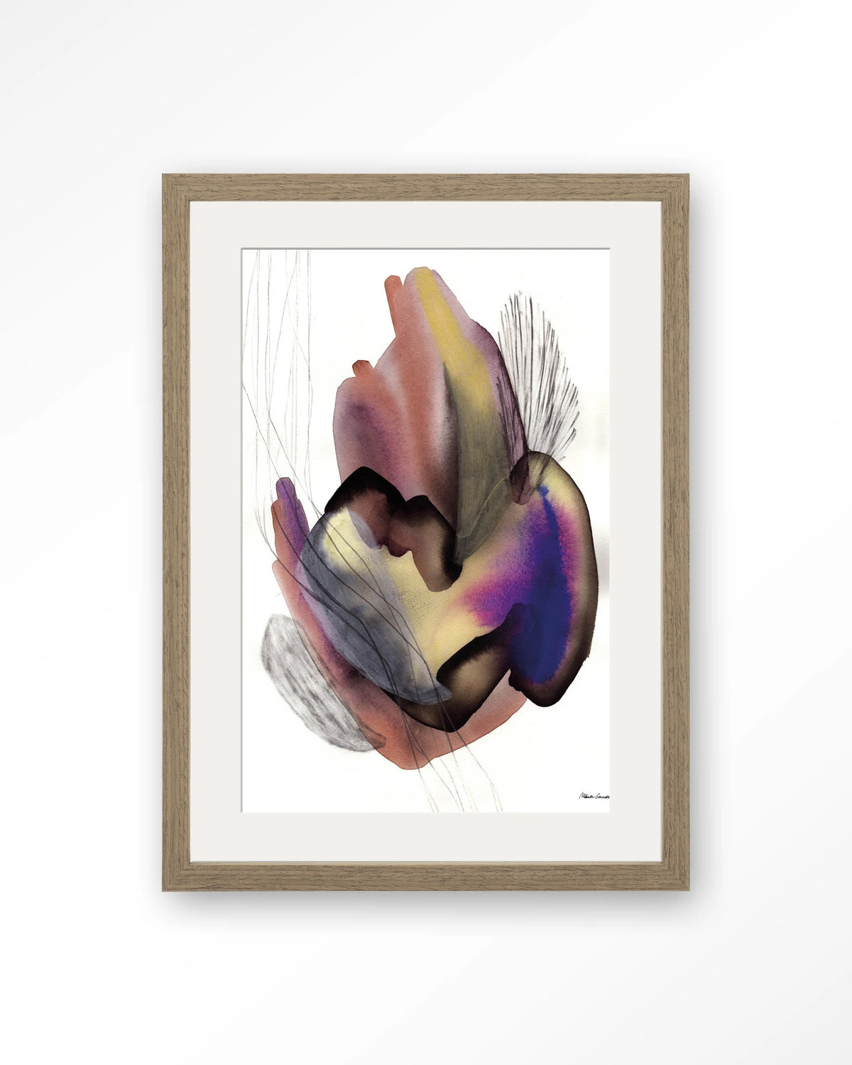 Oyster – abstract aquarel in paars – Art print – Hout bruin + passe-partout