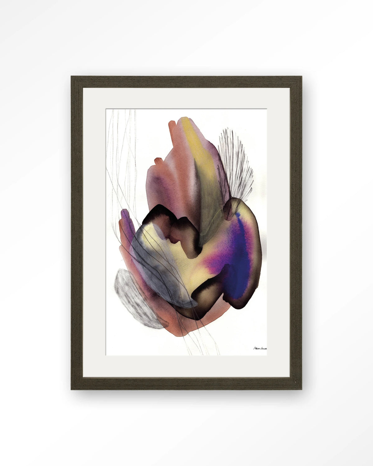 Oyster – abstract aquarel in paars – Art print – Hout donkerbruin + passe-partout