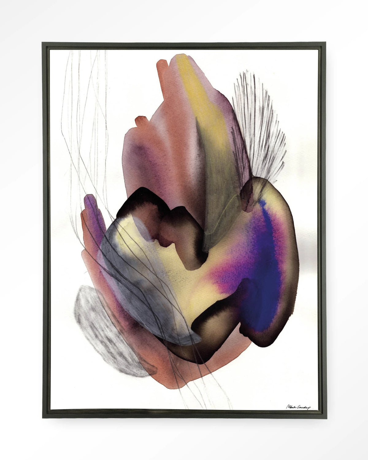 Oyster – abstract aquarel in paars – Wandkleed – Floating frame – zwart