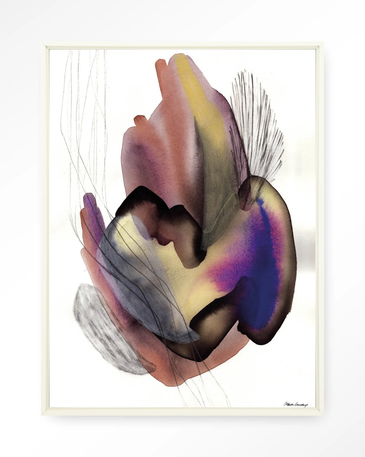 Oyster – abstract aquarel in paars – Wandkleed – Floating frame – wit