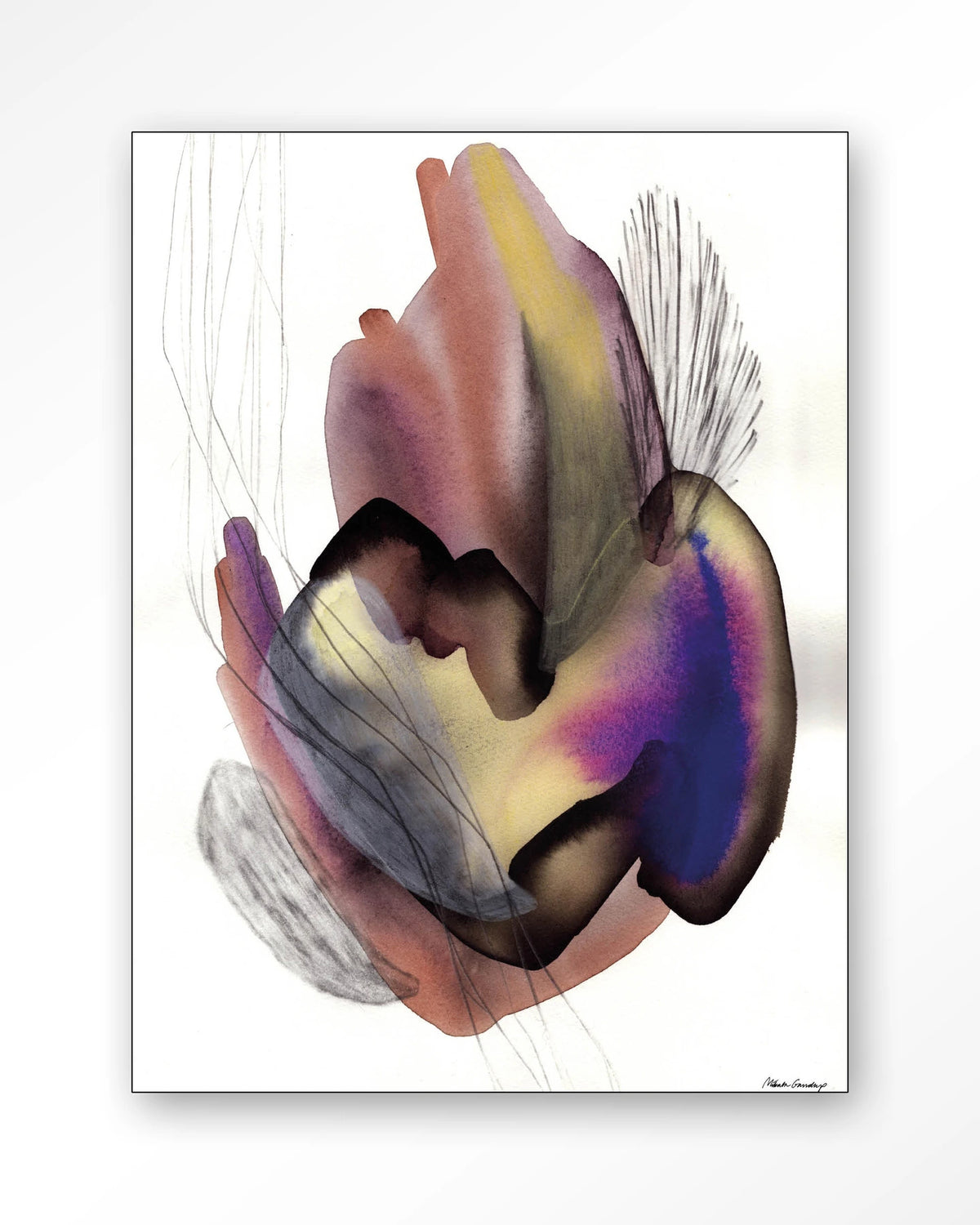Oyster – abstract aquarel in paars – Wandkleed – Frame – zwart