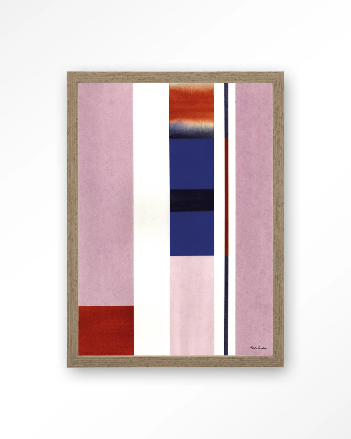 Vertical Lilac – abstract in roze en blauw met strepen – Art print – Hout bruin