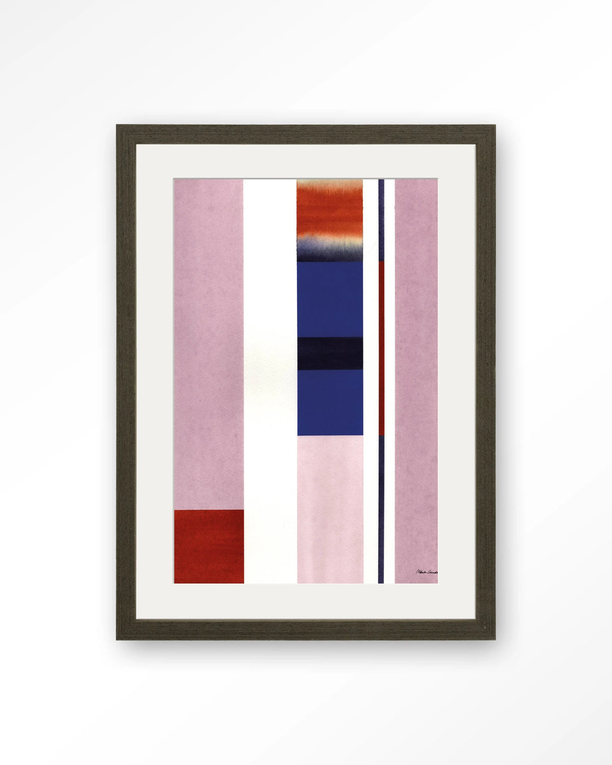 Vertical Lilac – abstract in roze en blauw met strepen – Art print – Hout donkerbruin + passe-partout